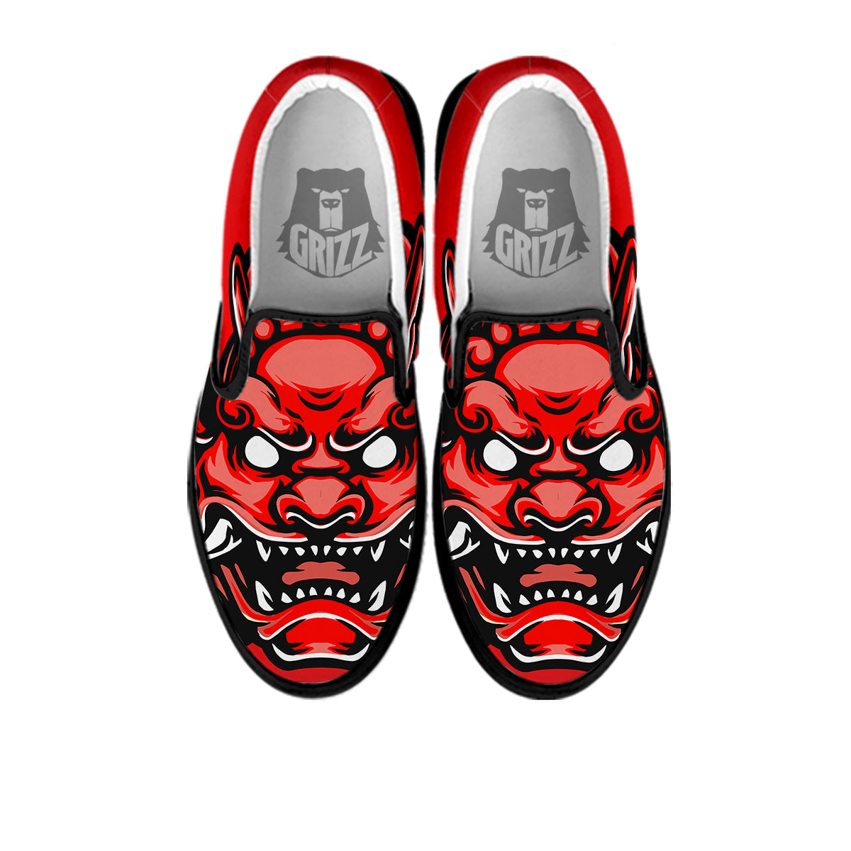 Red Foo Dog Print Black Slip On Shoes-grizzshop