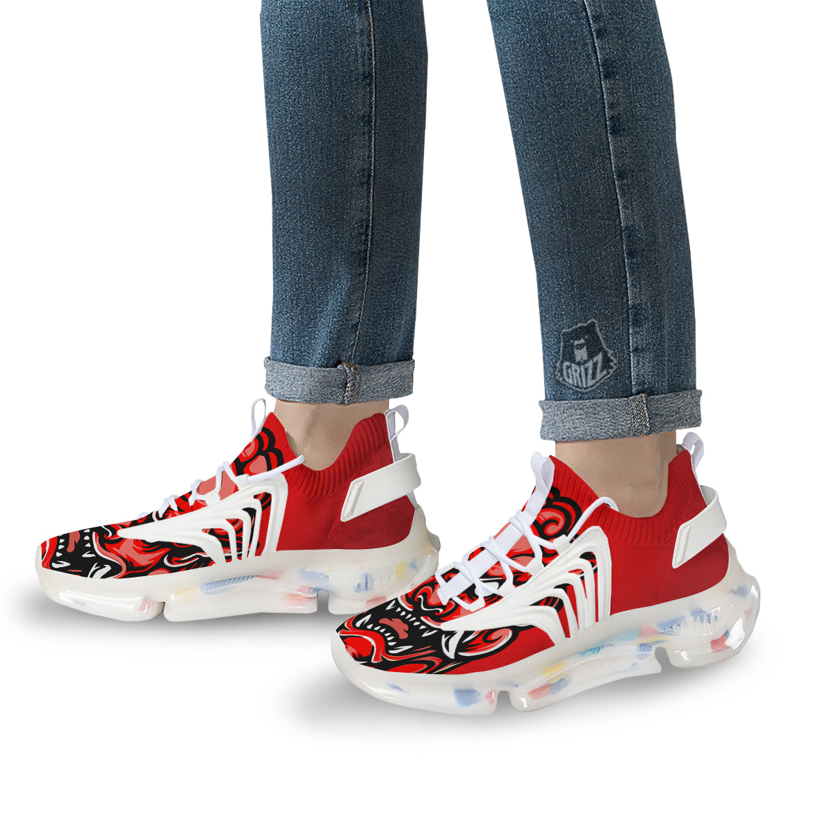 Red Foo Dog Print White Gym Shoes-grizzshop