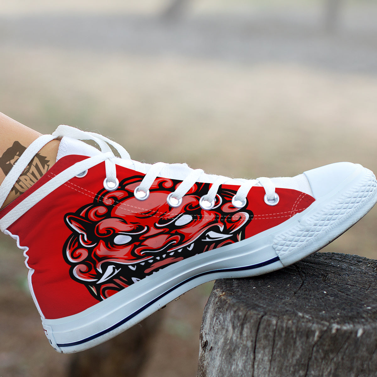 Red Foo Dog Print White High Top Shoes-grizzshop
