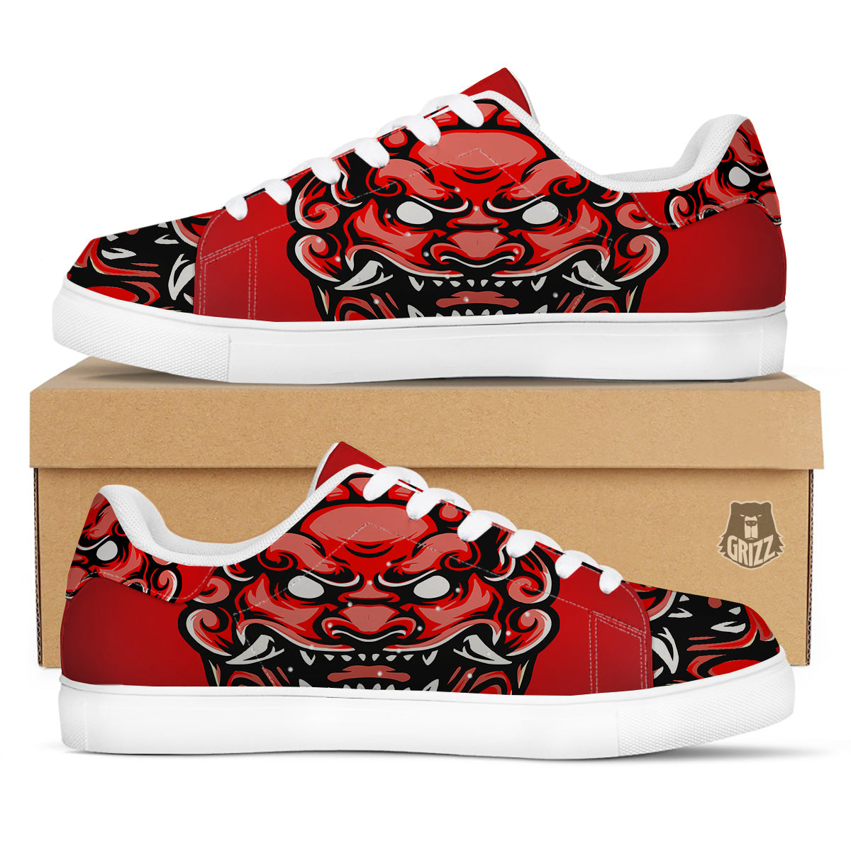 Red Foo Dog Print White Low Top Sneakers-grizzshop