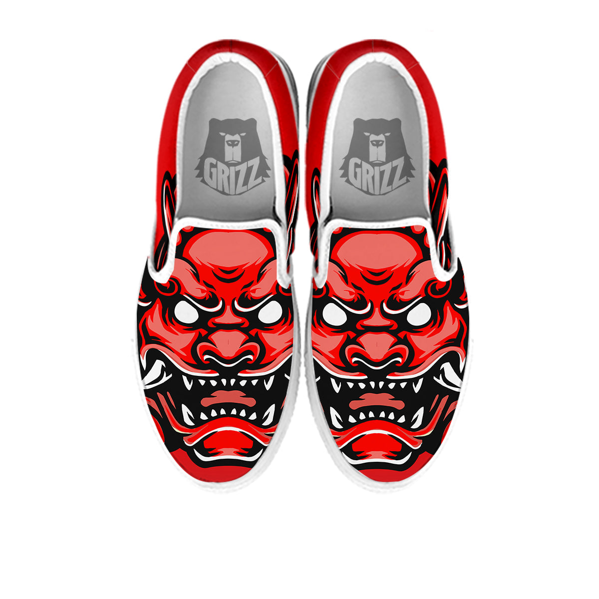 Red Foo Dog Print White Slip On Shoes-grizzshop