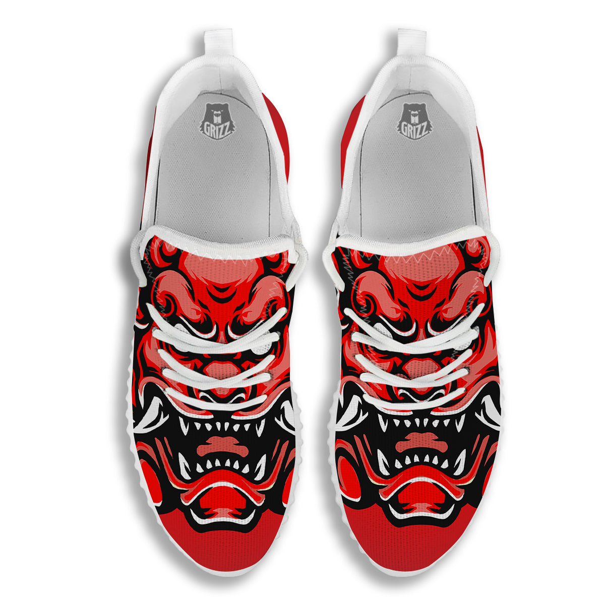 Red Foo Dog Print White Walking Shoes-grizzshop