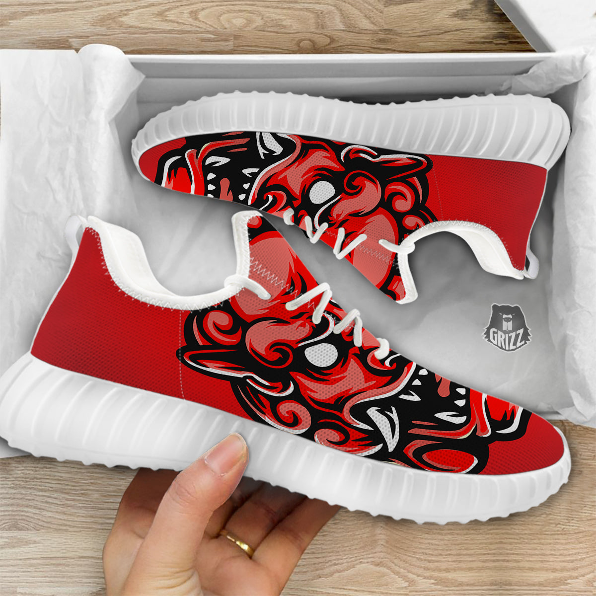 Red Foo Dog Print White Walking Shoes-grizzshop