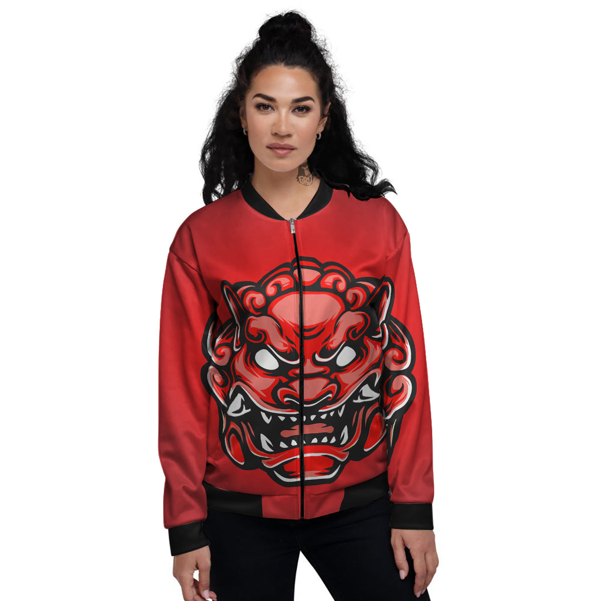 Red Foo Dog Print Women's Bomber Jacket-grizzshop