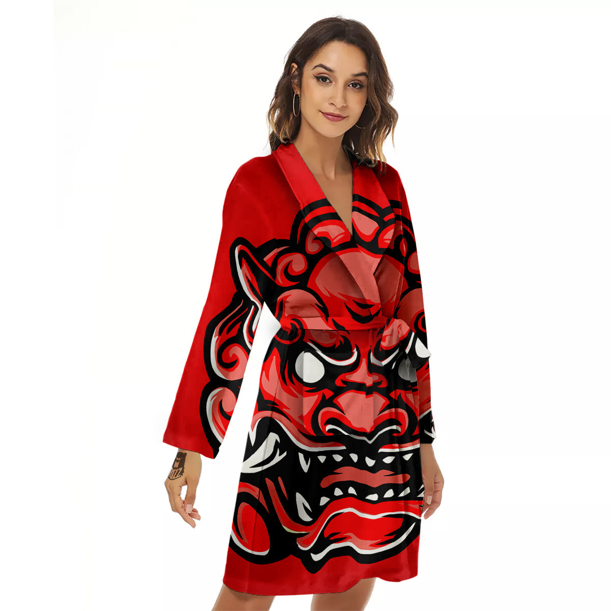 Red Foo Dog Print Women's Robe-grizzshop