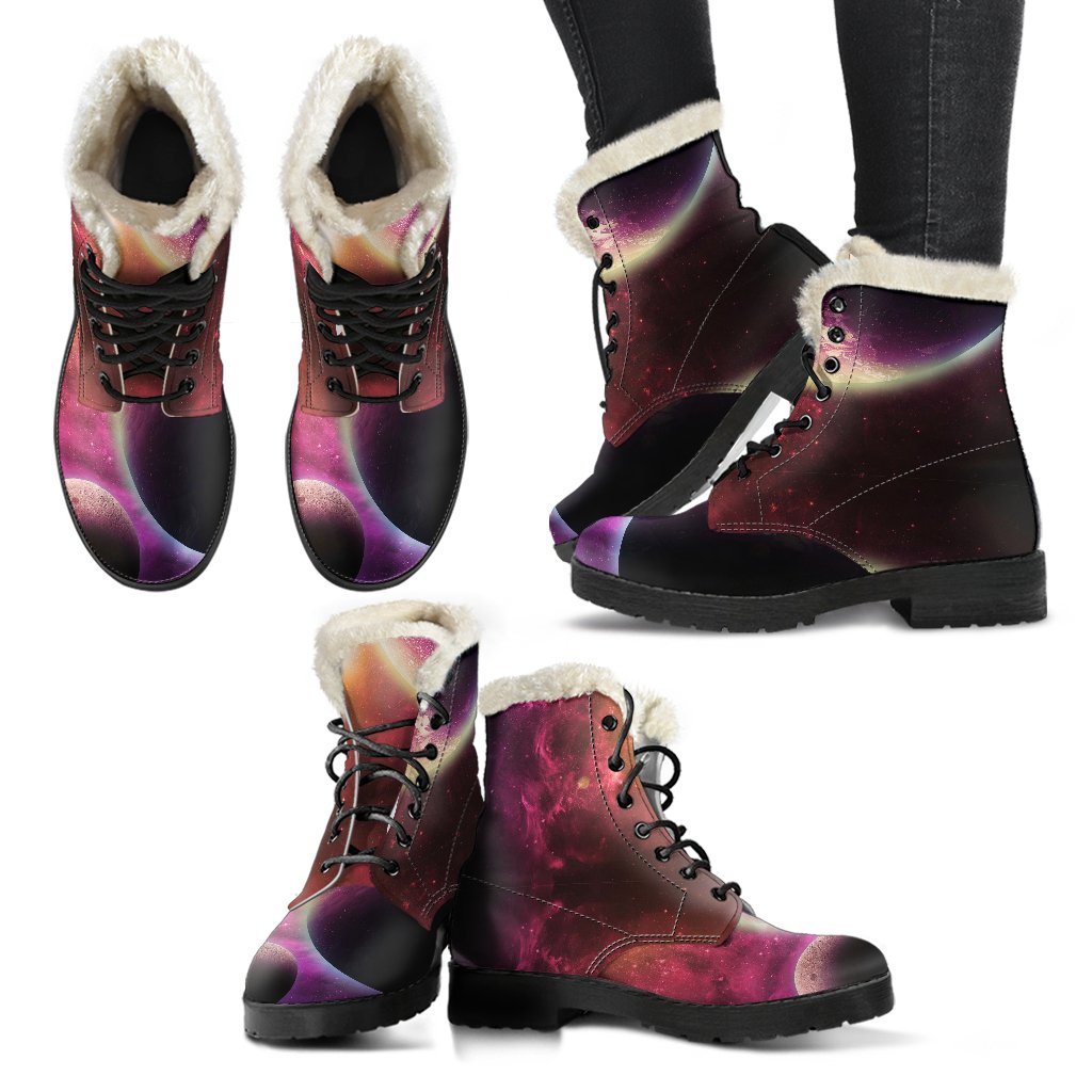 Red Galaxy Space Moon Earth Print Comfy Winter Boots-grizzshop