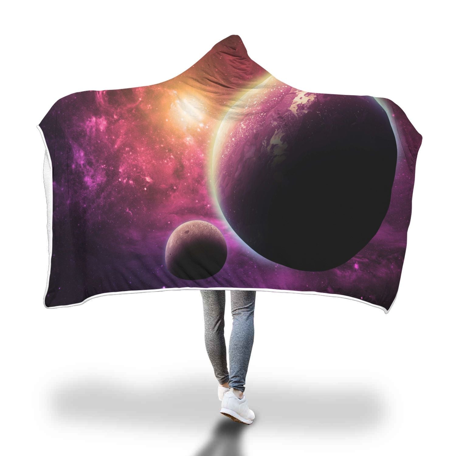 Red Galaxy Space Moon Earth Print Hooded Blanket-grizzshop