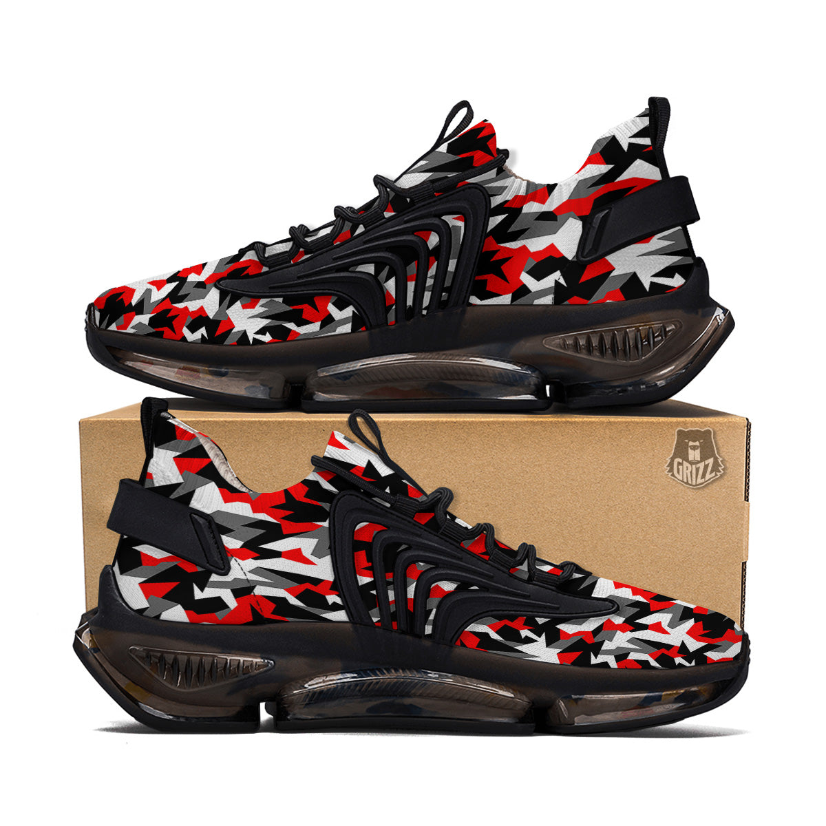 Red Geometric Camouflage Print Pattern Black Gym Shoes-grizzshop