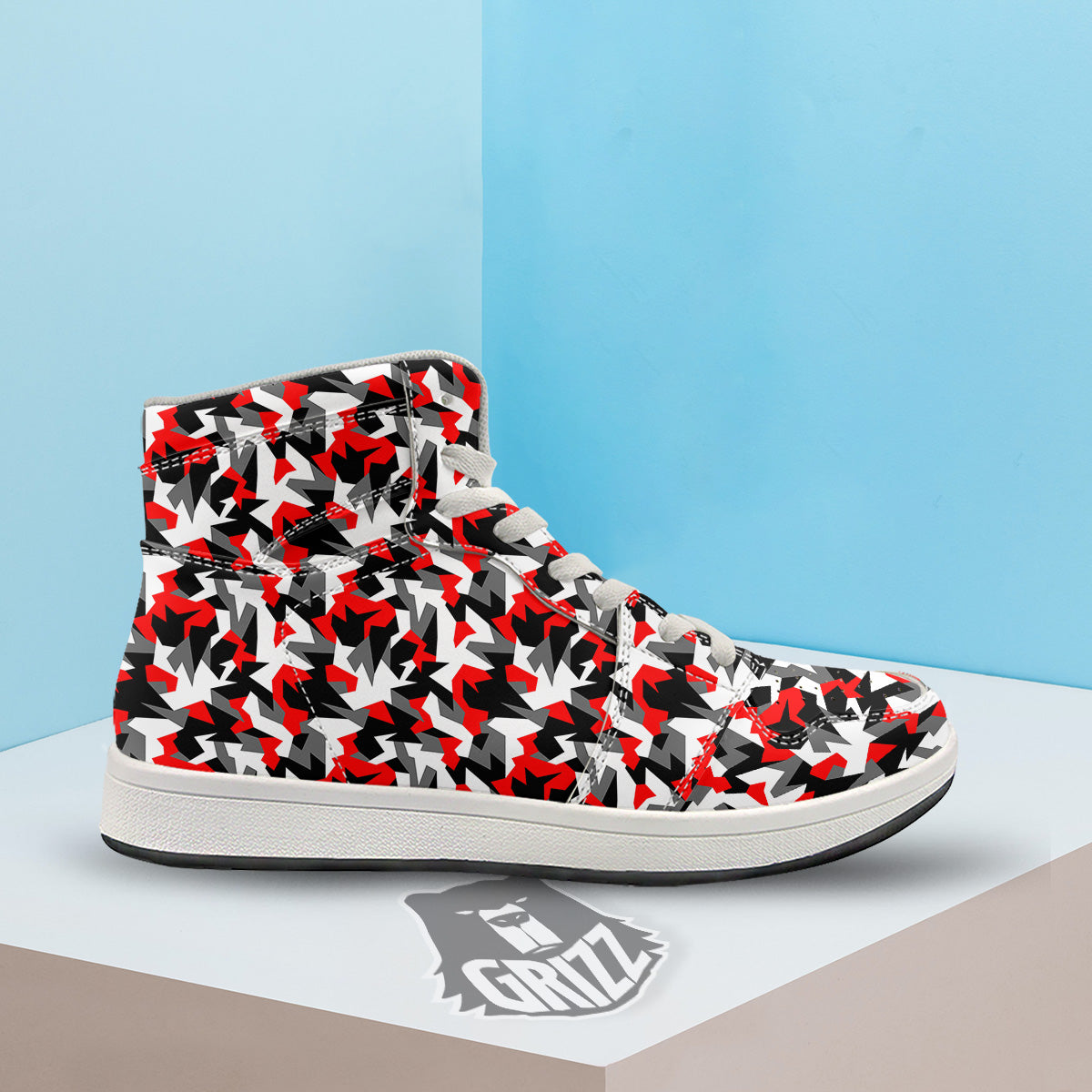 Red Geometric Camouflage Print Pattern High Top Sneakers-grizzshop