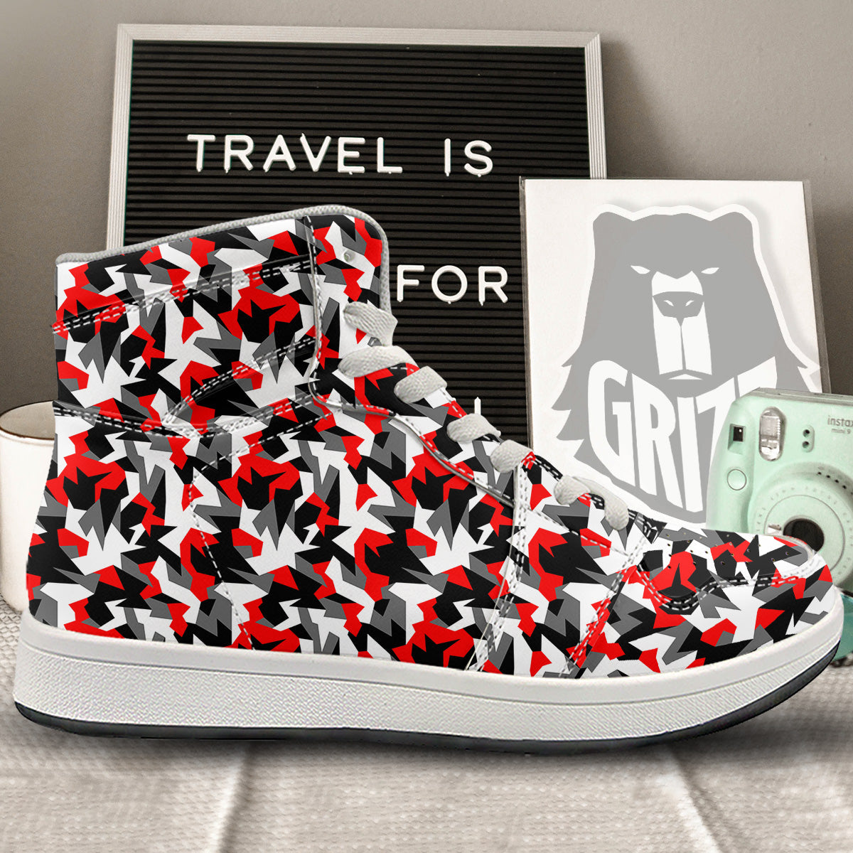 Red Geometric Camouflage Print Pattern High Top Sneakers-grizzshop