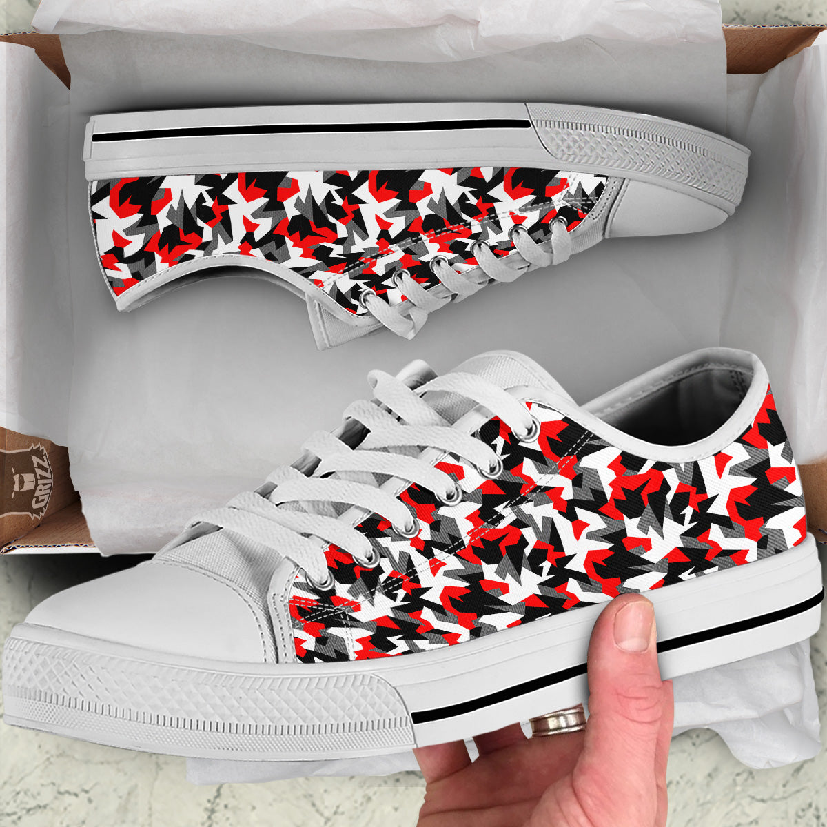 Red Geometric Camouflage Print Pattern White Low Top Shoes-grizzshop