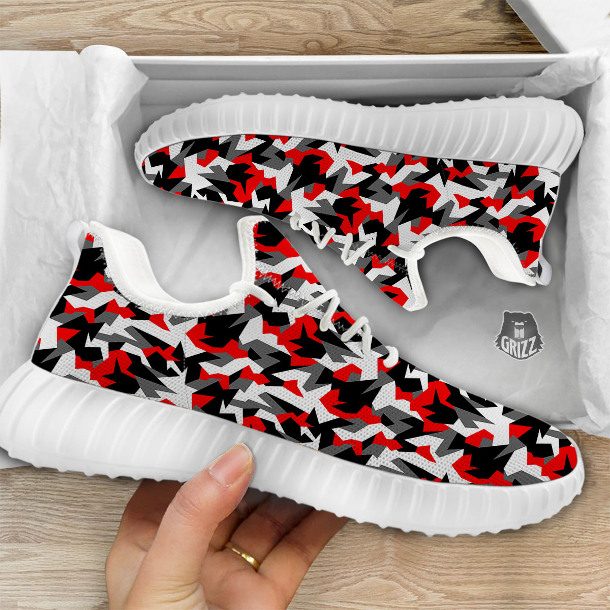 Red Geometric Camouflage Print Pattern White Walking Shoes-grizzshop