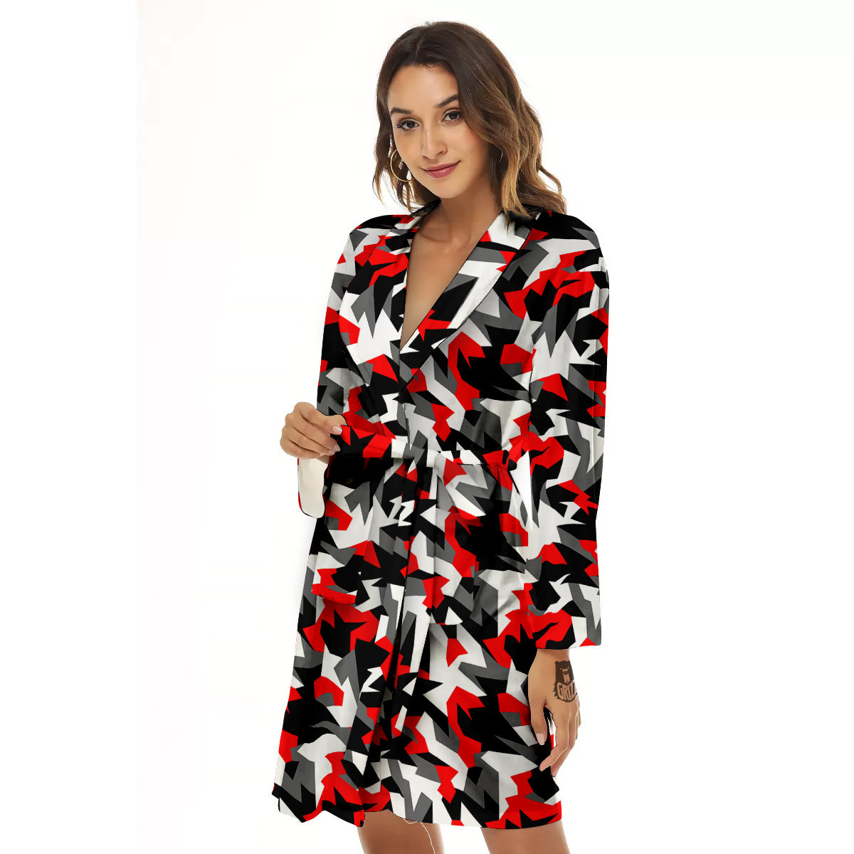 Red Geometric Camouflage Print Pattern Women's Robe-grizzshop