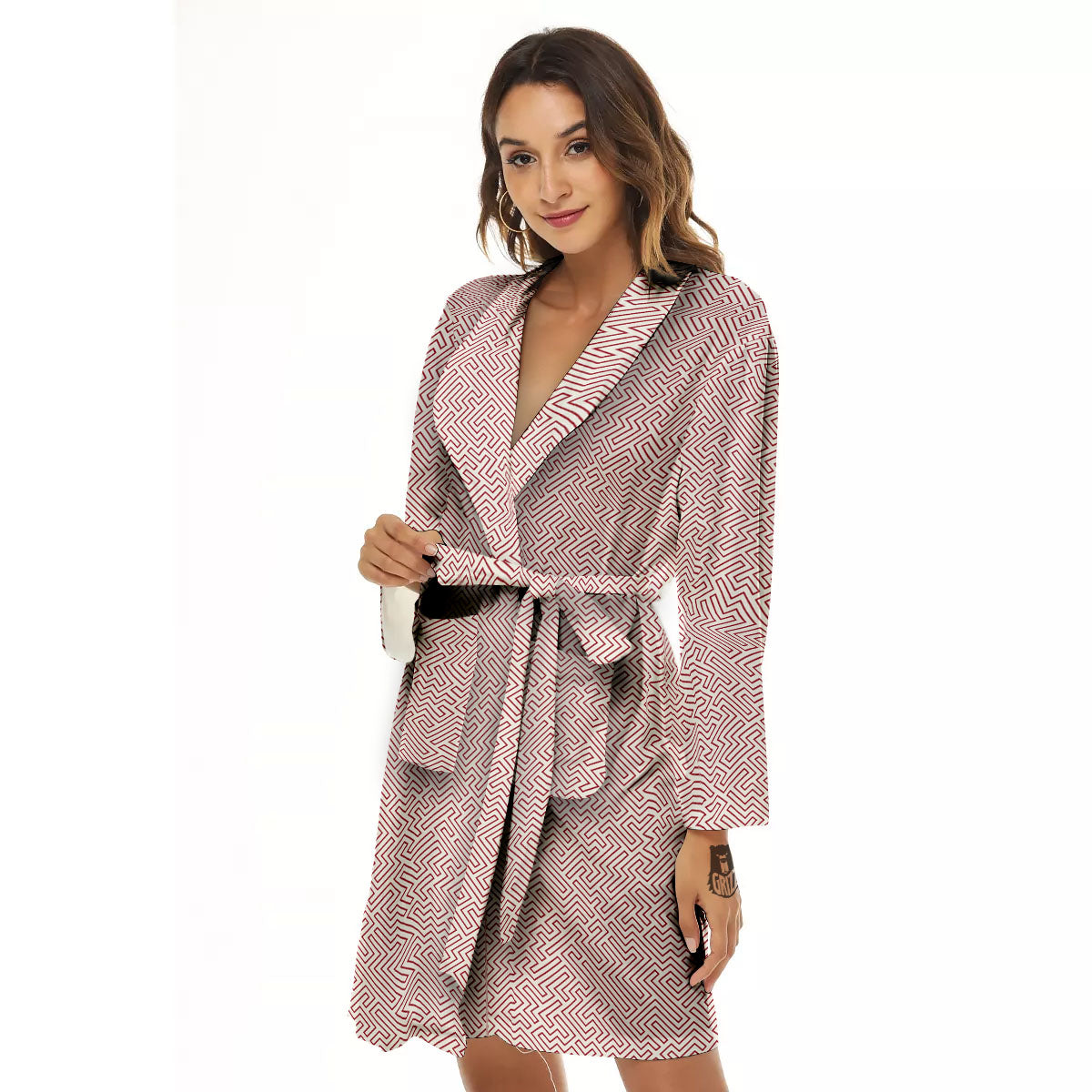 Red Geometric Maze Print Women's Robe-grizzshop