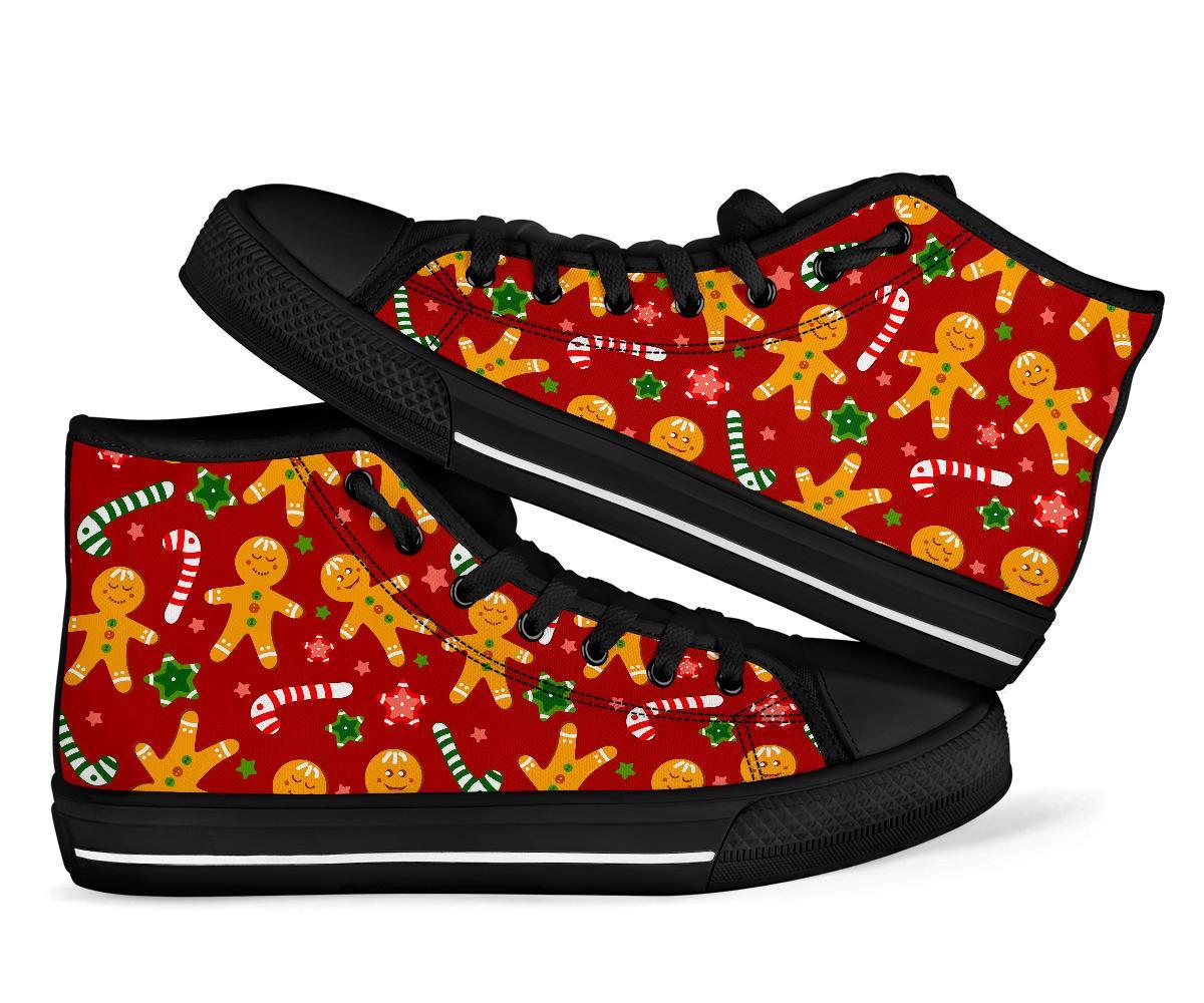 Red Gingerbread Man Chirstmas Pattern Print Men Women's High Top Shoes-grizzshop