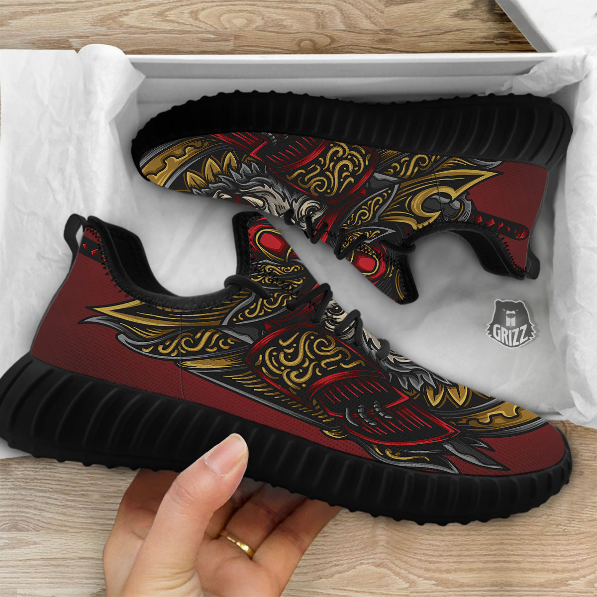 Red Gorilla Samurai Print Black Walking Shoes-grizzshop