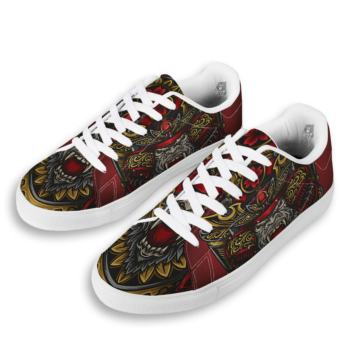 Red Gorilla Samurai Print White Low Top Sneakers-grizzshop