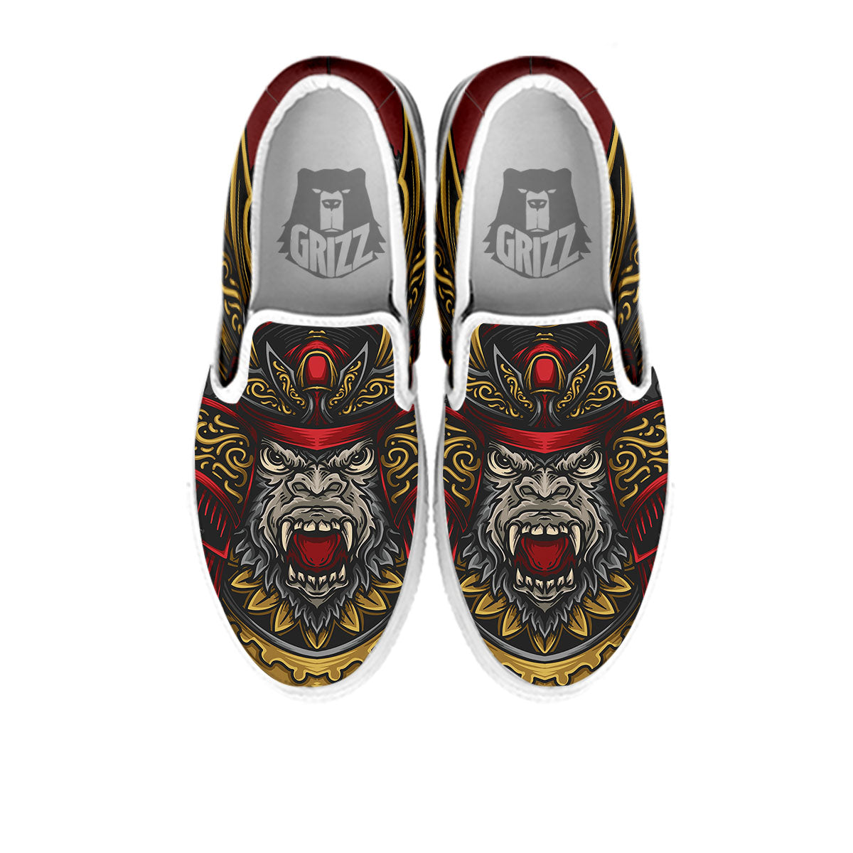 Red Gorilla Samurai Print White Slip On Shoes-grizzshop