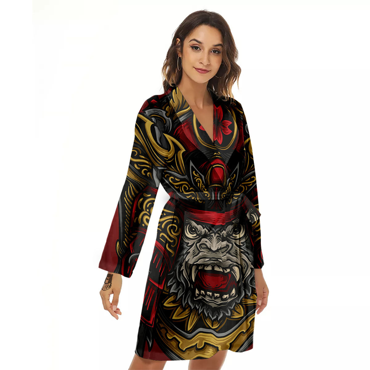 Red Gorilla Samurai Print Women's Robe-grizzshop