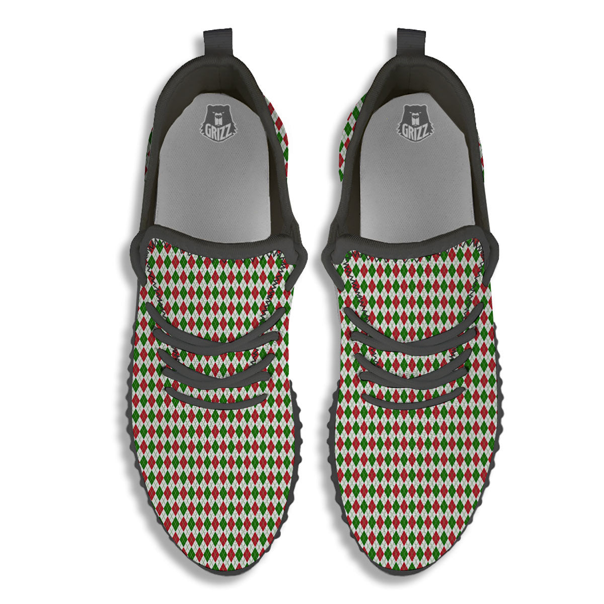 Red Green And White Argyle Print Pattern Black Walking Shoes-grizzshop