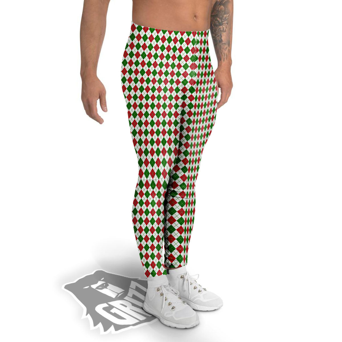 Red Green And White Argyle Print Pattern Men's Leggings-grizzshop