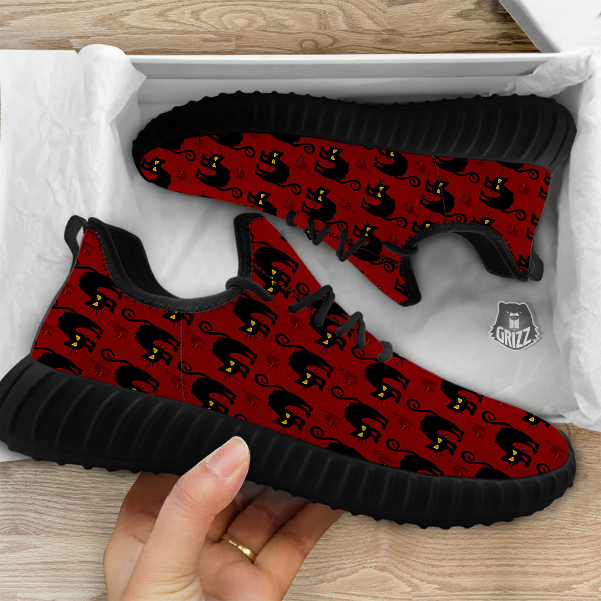 Red Halloween Cat Print Pattern Black Walking Shoes-grizzshop