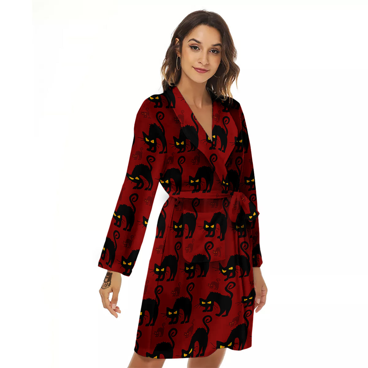 Red Halloween Cat Print Pattern Women's Robe-grizzshop