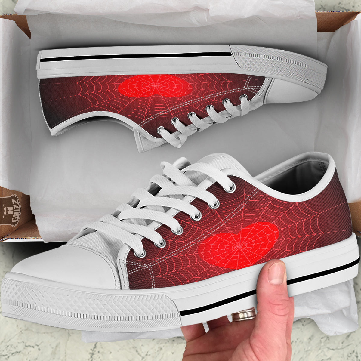 Red Heart Spider Web Print White Low Top Shoes-grizzshop