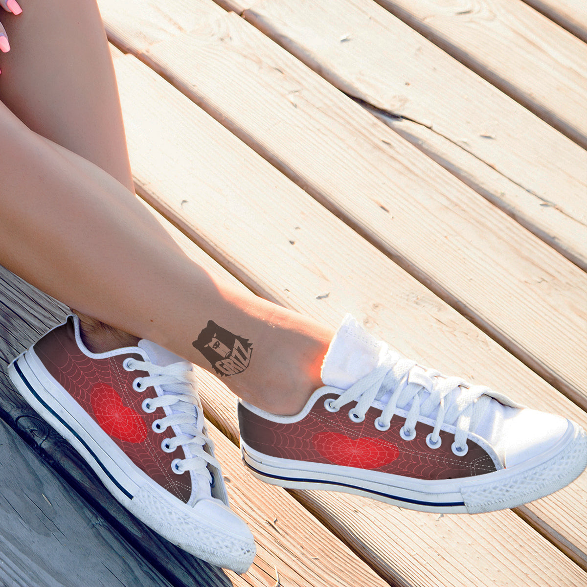 Red Heart Spider Web Print White Low Top Shoes-grizzshop