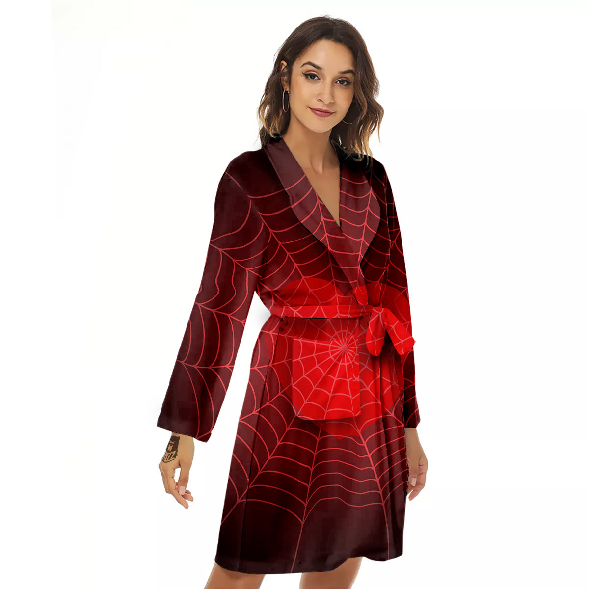 Red Heart Spider Web Print Women's Robe-grizzshop