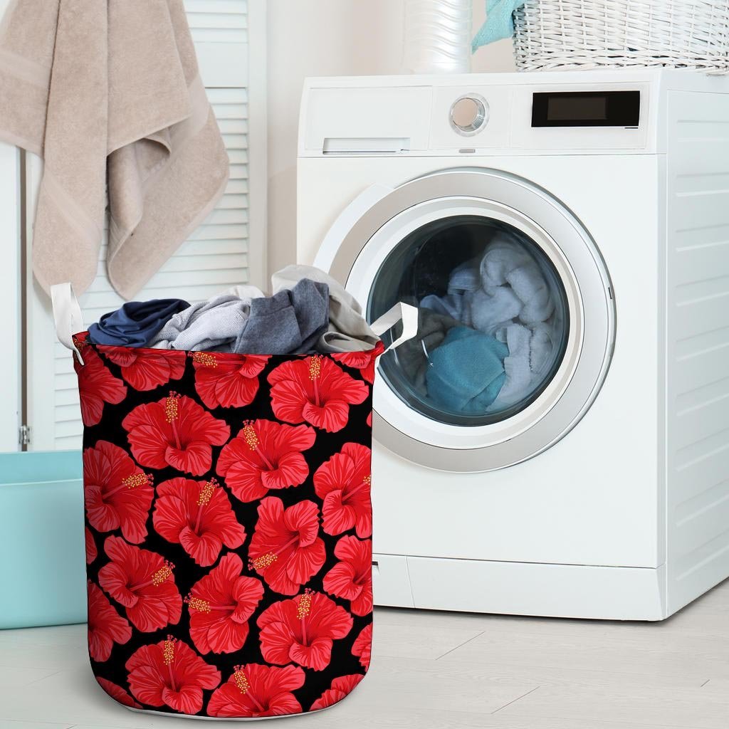 Red Hibiscus Flower Hawaiian Print Laundry Basket-grizzshop