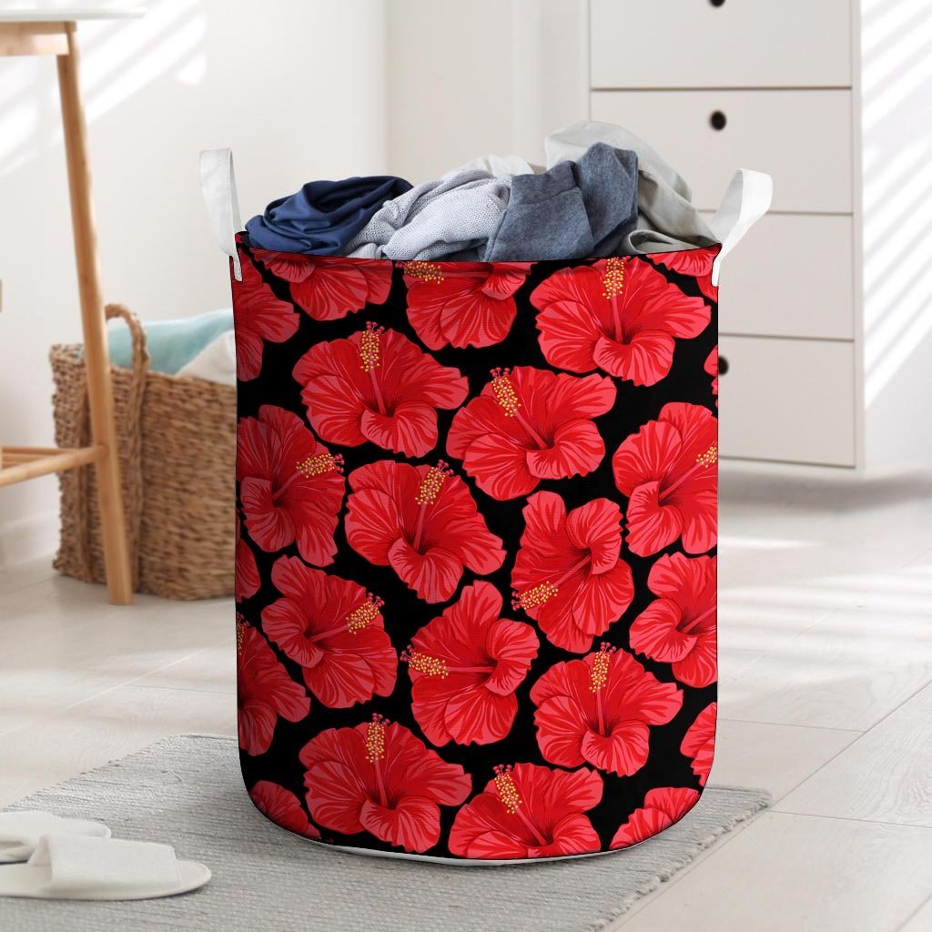 Red Hibiscus Flower Hawaiian Print Laundry Basket-grizzshop