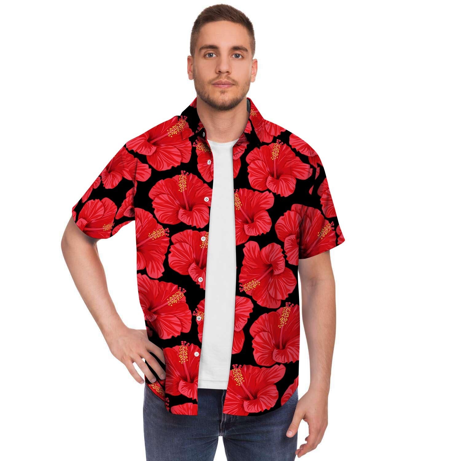 Red Hibiscus Flower Hawaiian Print Men's Short Sleeve Shirt-grizzshop