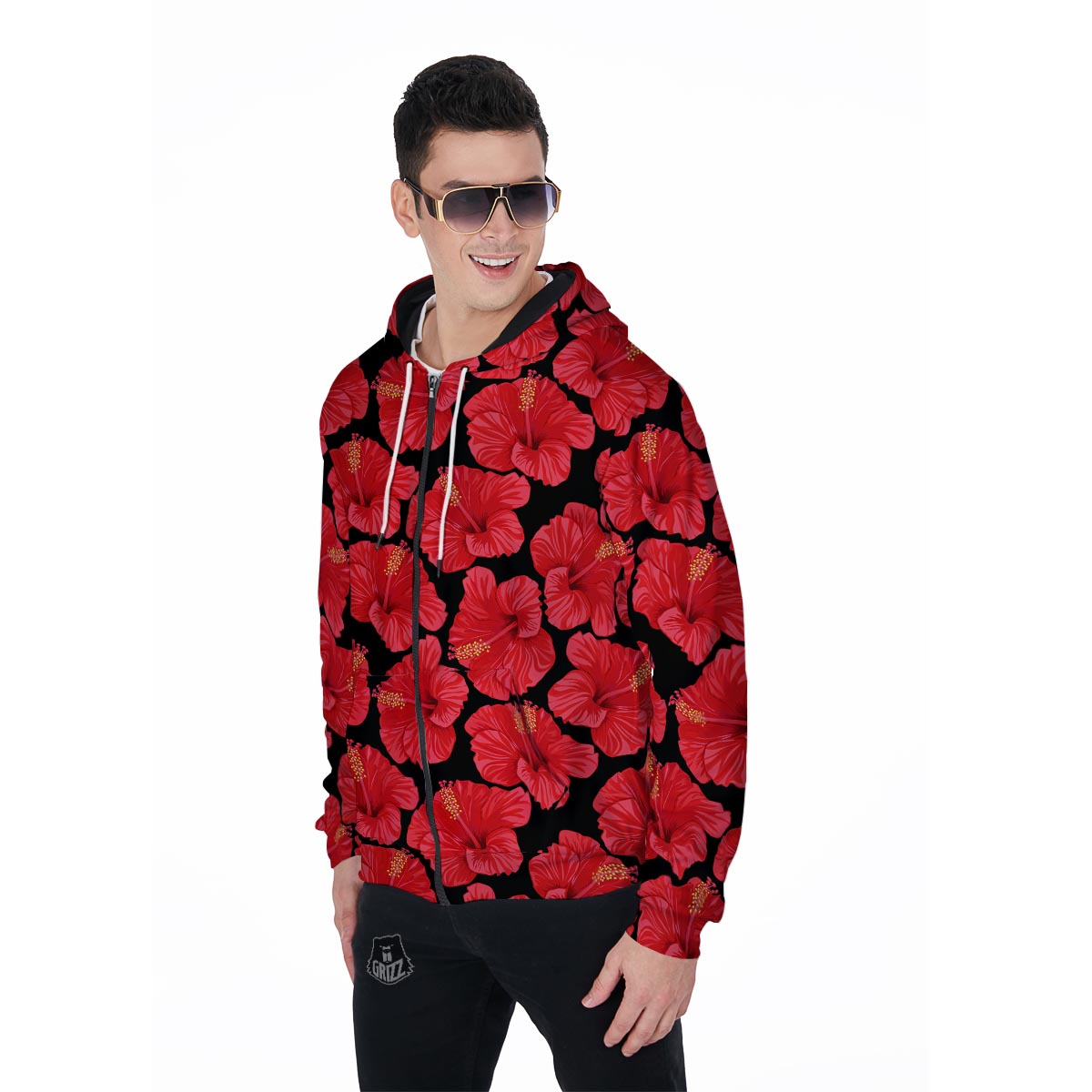 Red Hibiscus Flower Hawaiian Print Men's Zip Up Hoodie-grizzshop