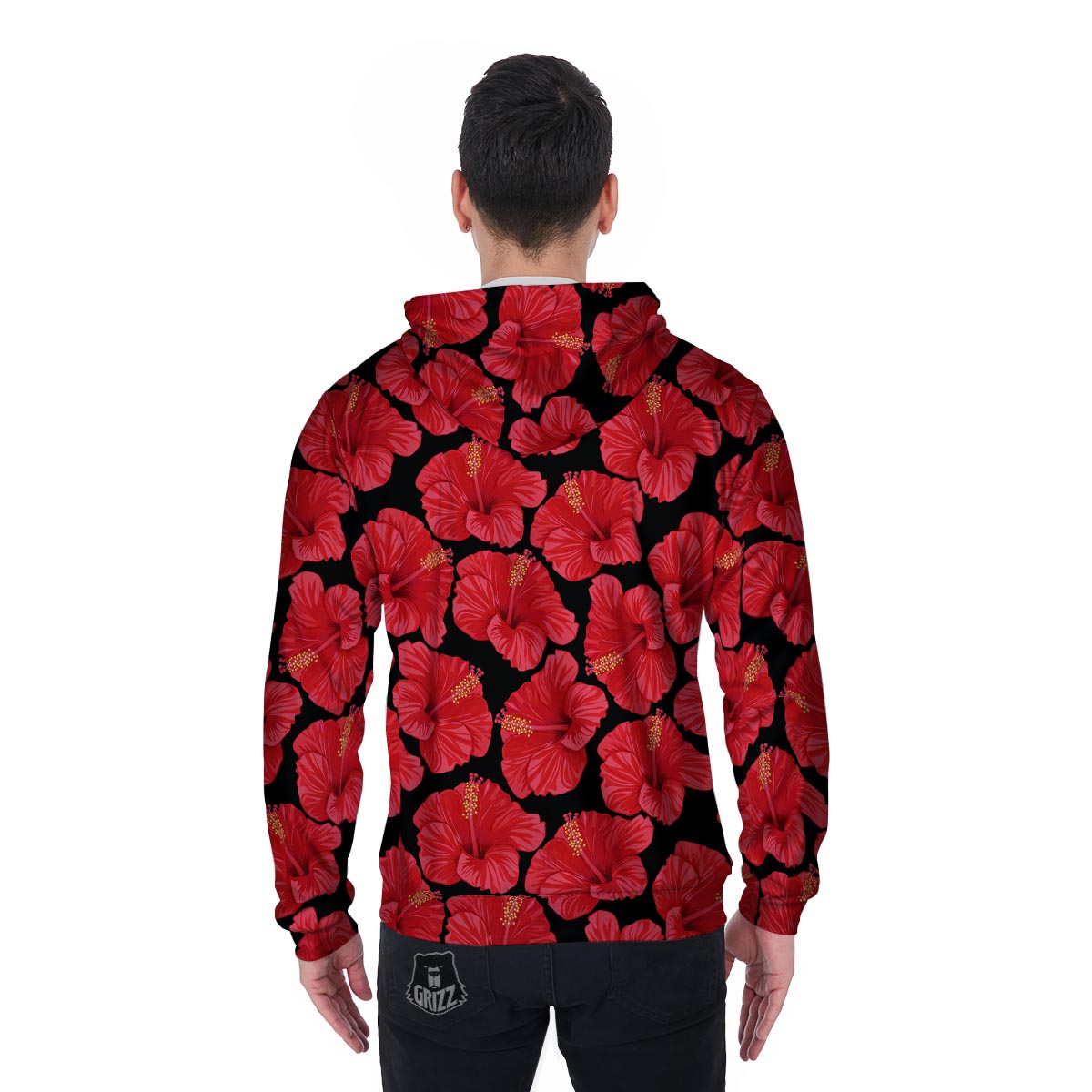 Red Hibiscus Flower Hawaiian Print Men's Zip Up Hoodie-grizzshop