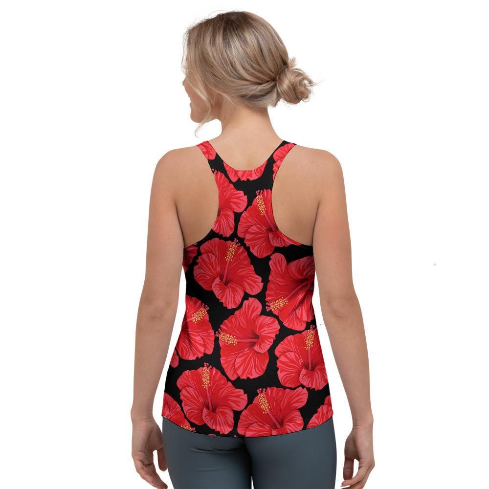 Red Hibiscus Flower Hawaiian Print Women's Racerback Tank Top-grizzshop