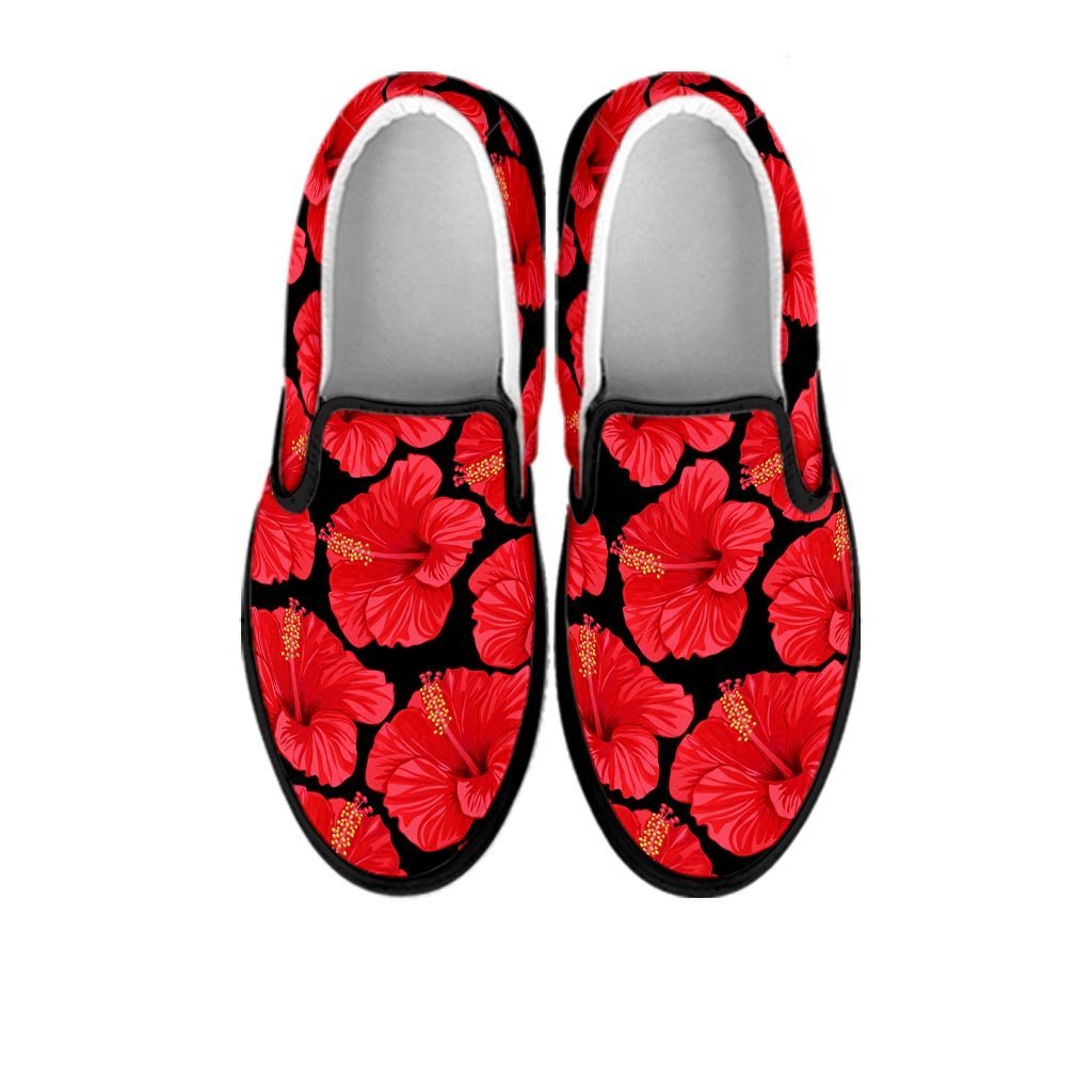 Red Hibiscus Flower Hawaiian Print Women's Slip On Sneakers-grizzshop