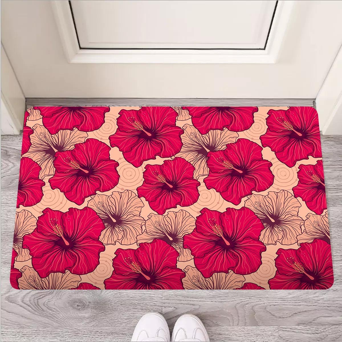 Red Hibiscus Flower Print Door Mat-grizzshop