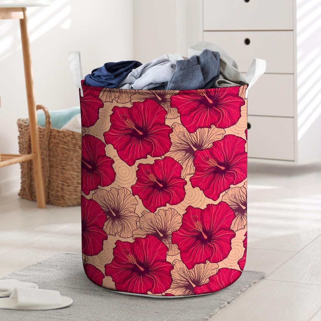 Red Hibiscus Flower Print Laundry Basket-grizzshop