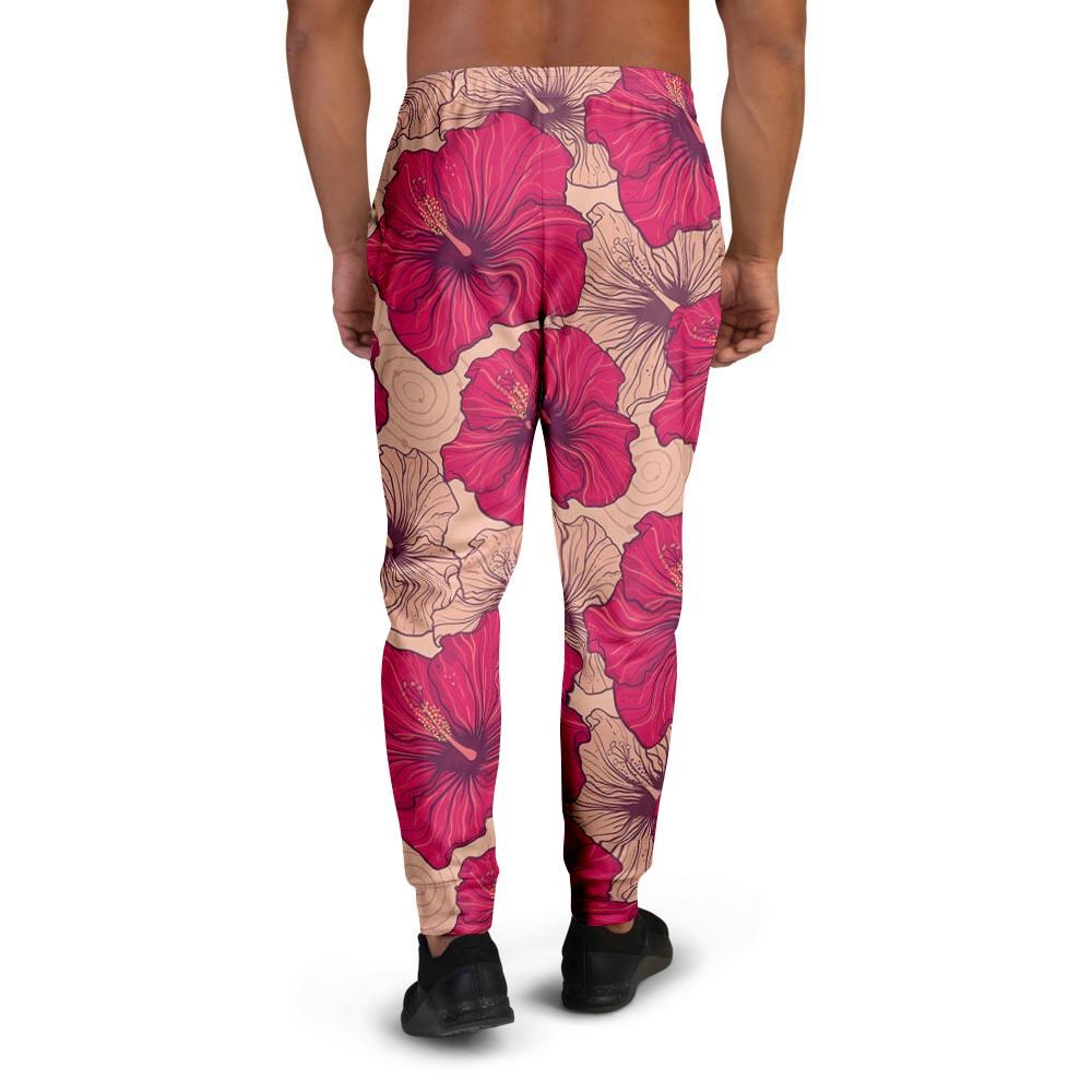 Red Hibiscus Flower Print Men's Joggers-grizzshop