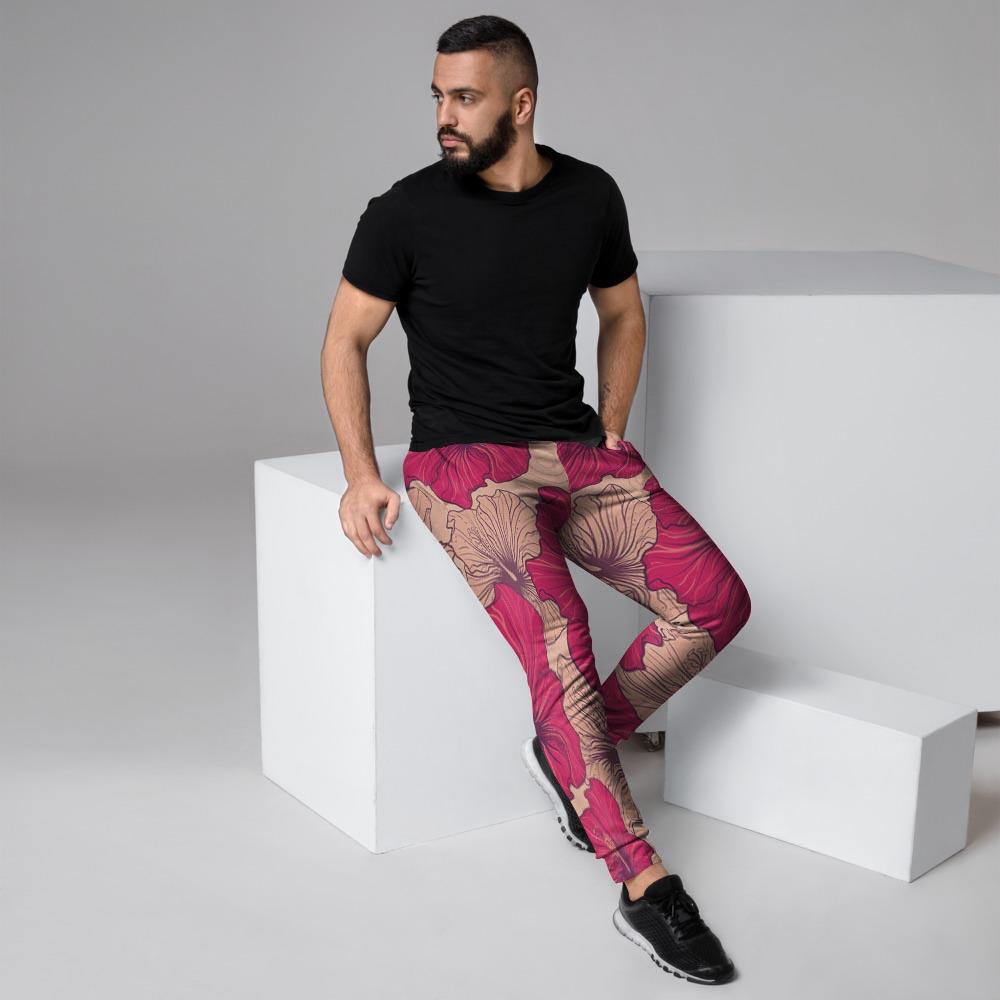 Red Hibiscus Flower Print Men's Joggers-grizzshop