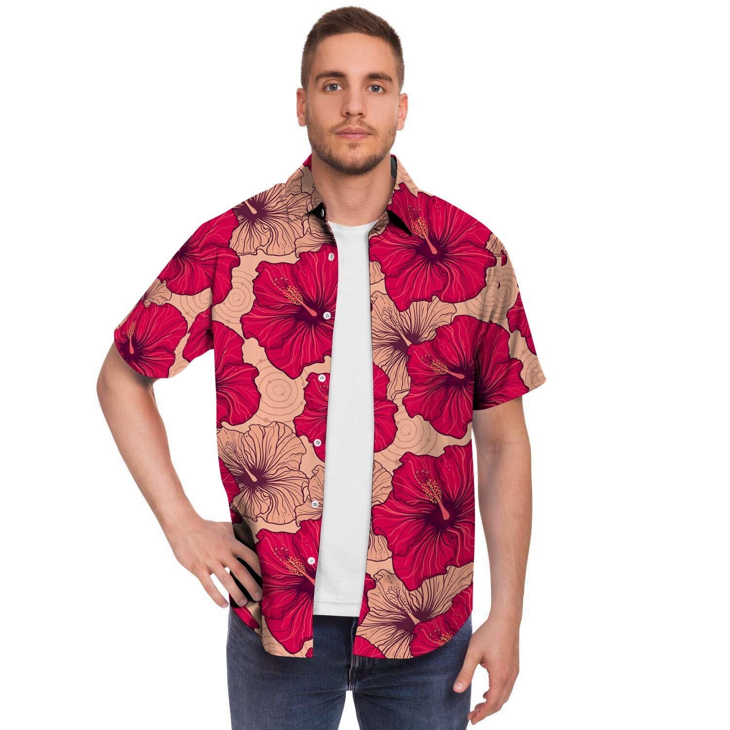 Red Hibiscus Flower Print Men's Short Sleeve Shirt-grizzshop