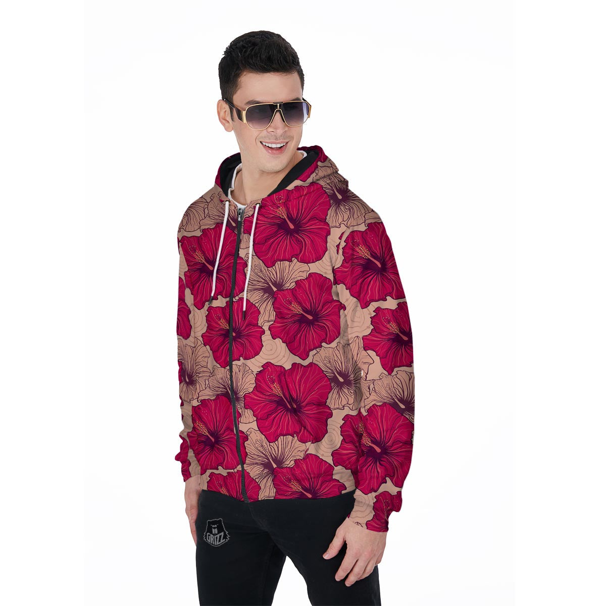 Red Hibiscus Flower Print Men's Zip Up Hoodie-grizzshop