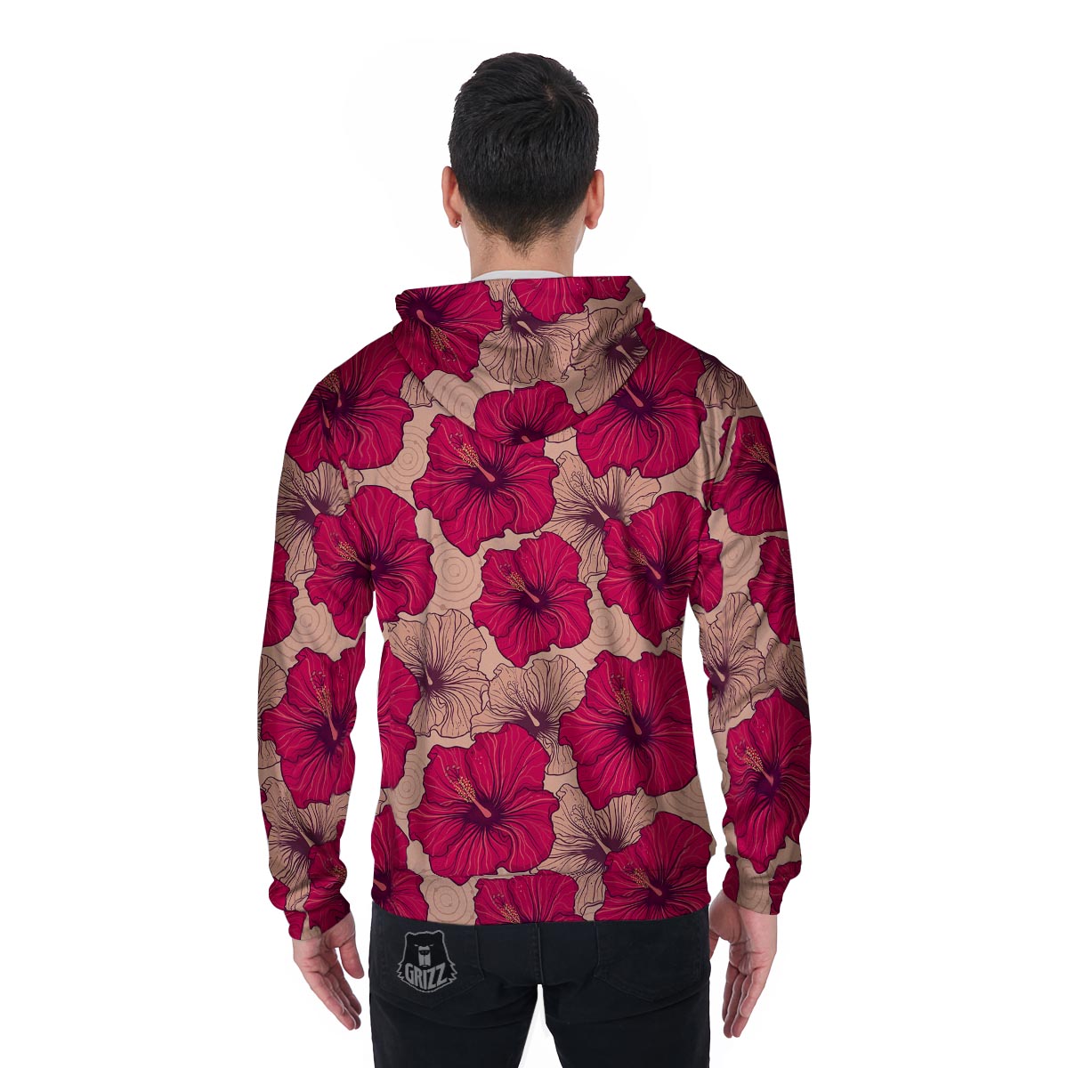 Red Hibiscus Flower Print Men's Zip Up Hoodie-grizzshop
