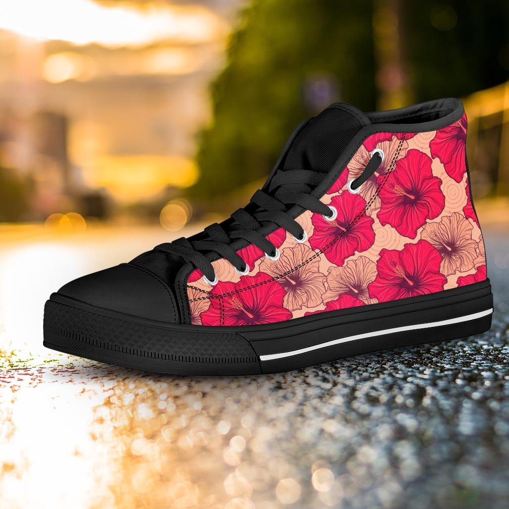 Red Hibiscus Flower Print Women's High Top Shoes-grizzshop