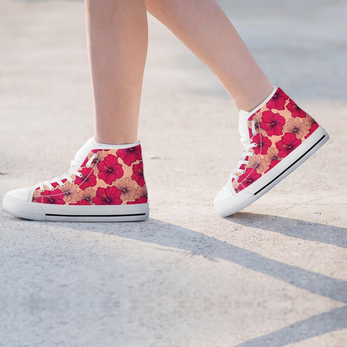 Red Hibiscus Flower Print Women's High Top Shoes-grizzshop
