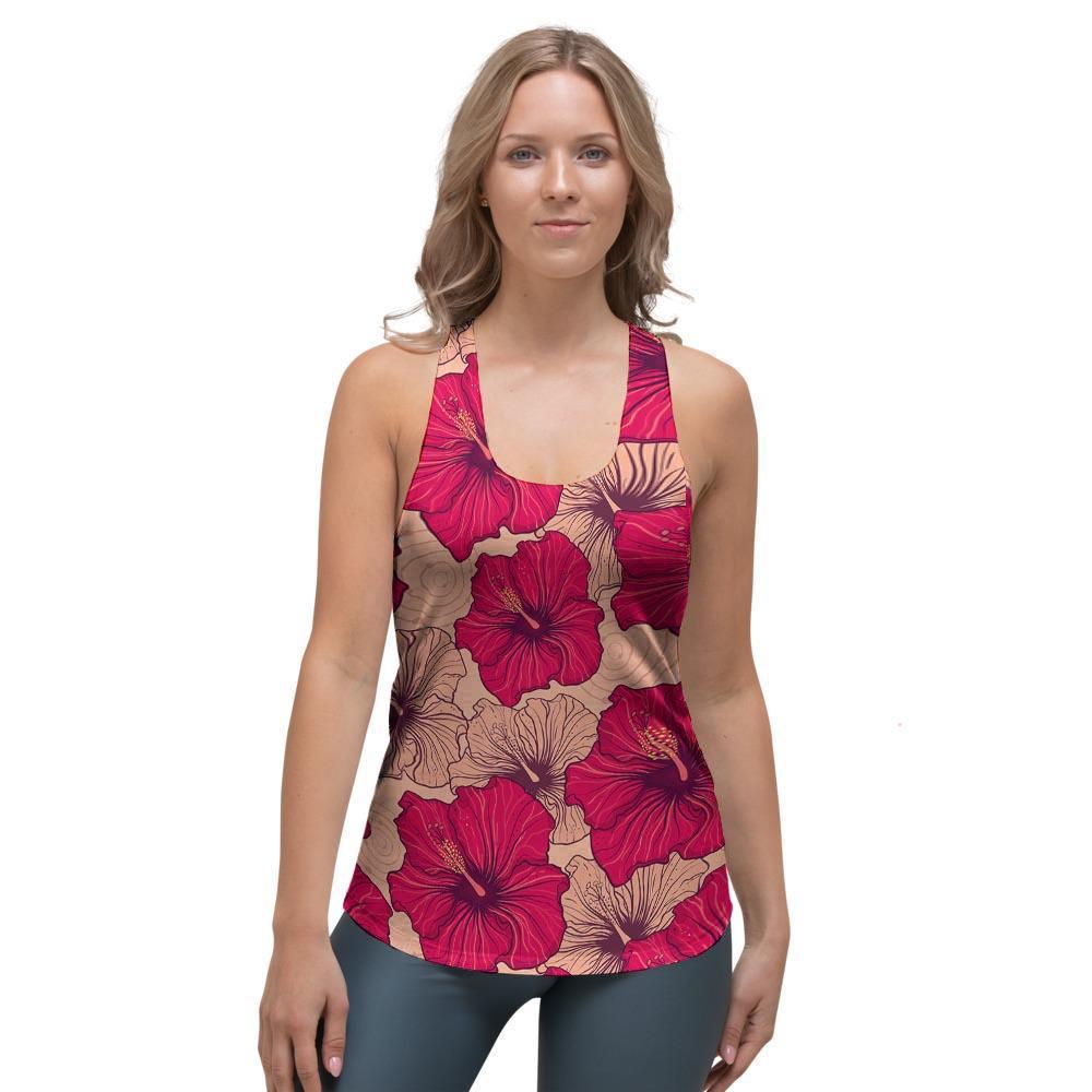 Red Hibiscus Flower Print Women's Racerback Tank Top-grizzshop