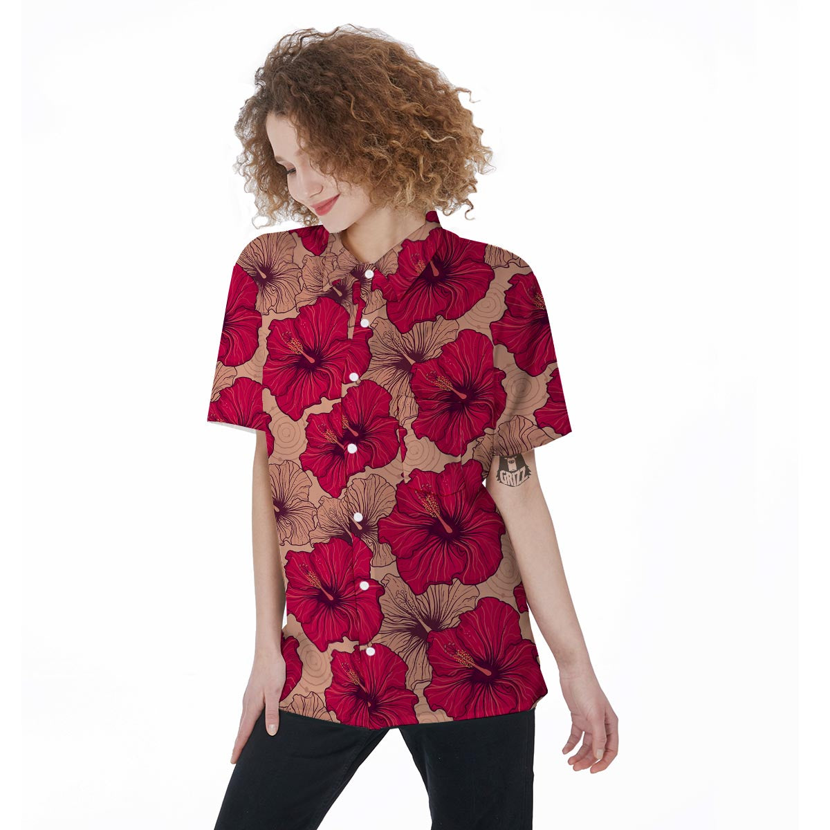 Red Hibiscus Flower Print Women's Short Sleeve Shirts-grizzshop