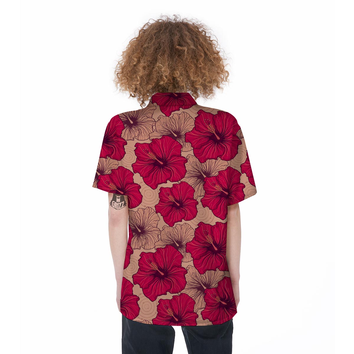 Red Hibiscus Flower Print Women's Short Sleeve Shirts-grizzshop