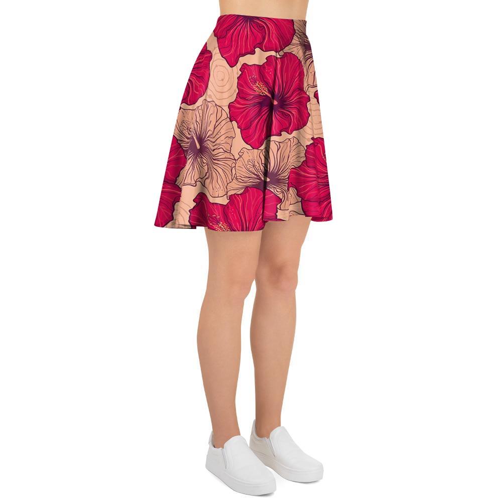 Red Hibiscus Flower Print Women's Skirt-grizzshop